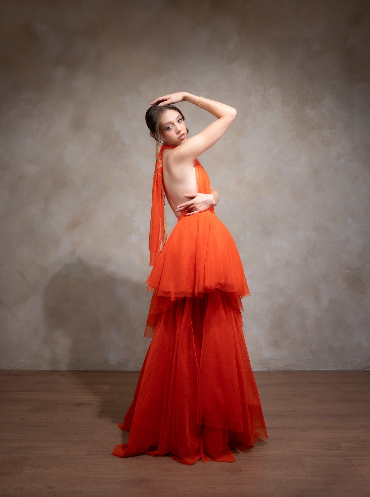Naranja De Tul Cuello Halter Espalda Descubierta