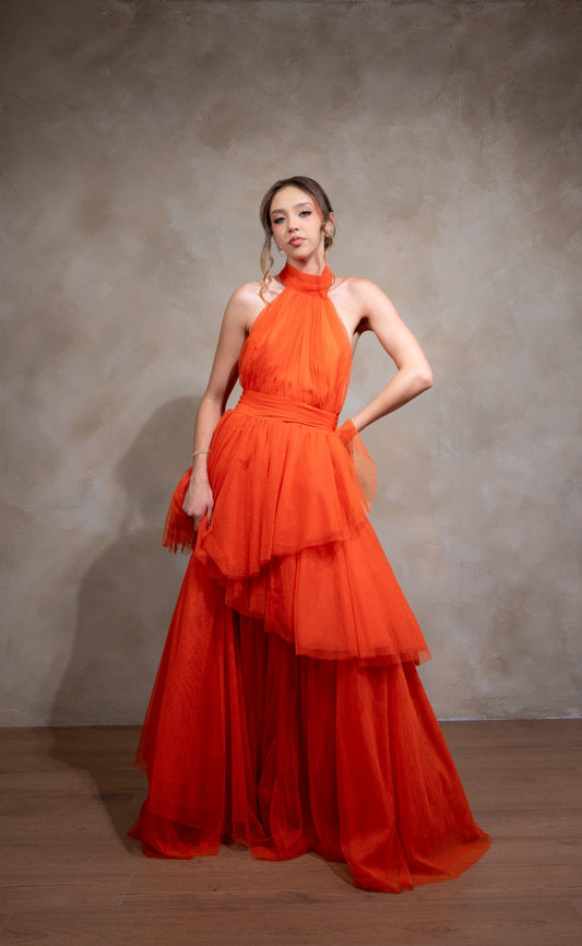 Naranja De Tul Cuello Halter Espalda Descubierta