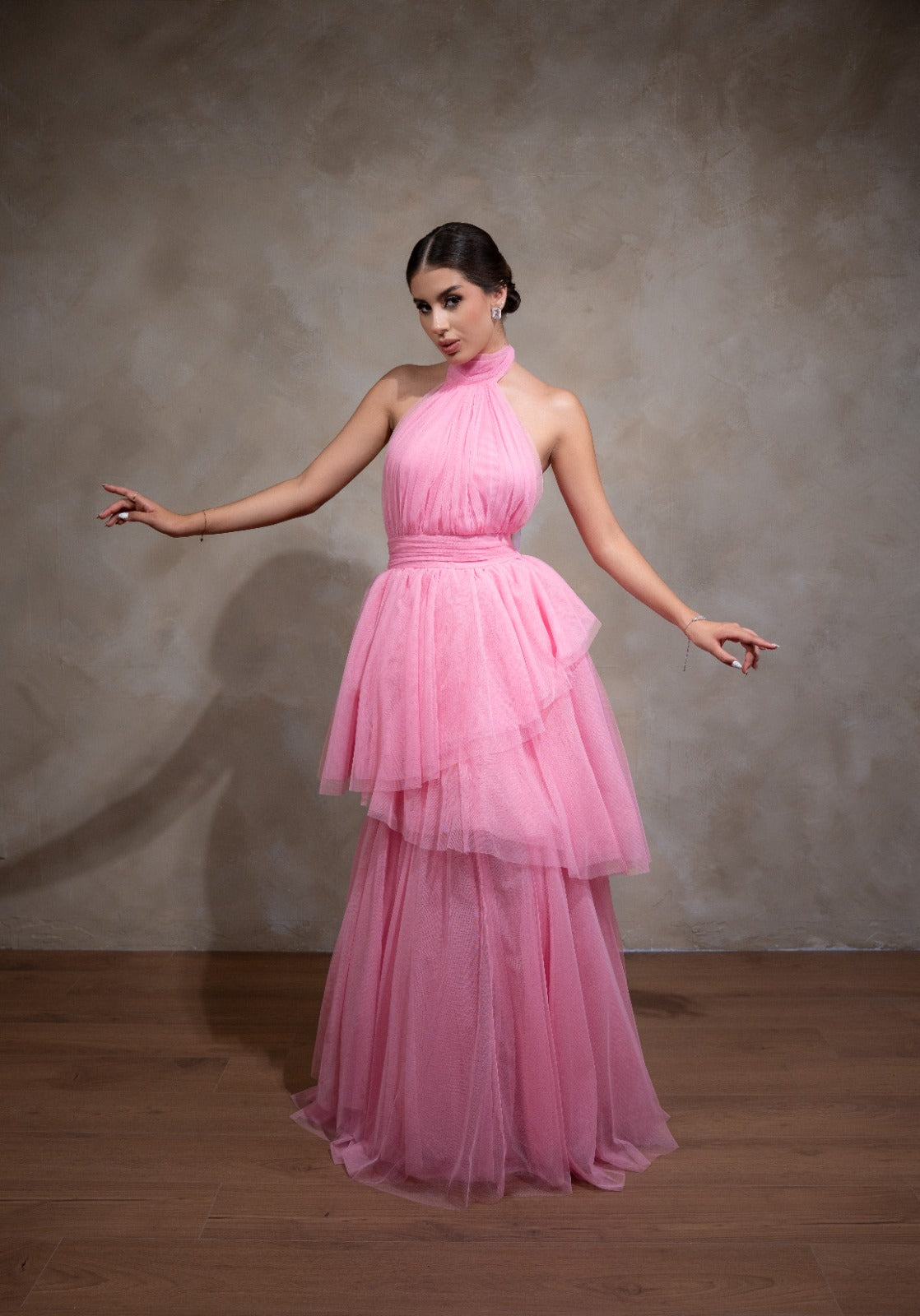 Rosa Barbie De Tul Cuello Halter Espalda Descubierta