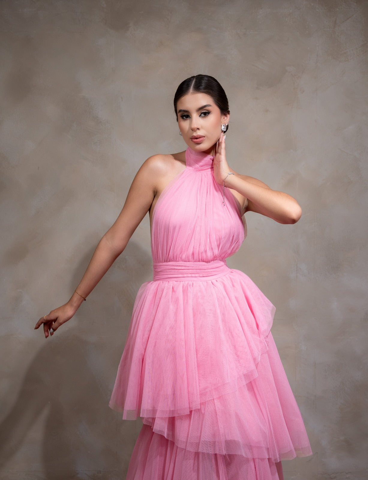 Rosa Barbie De Tul Cuello Halter Espalda Descubierta