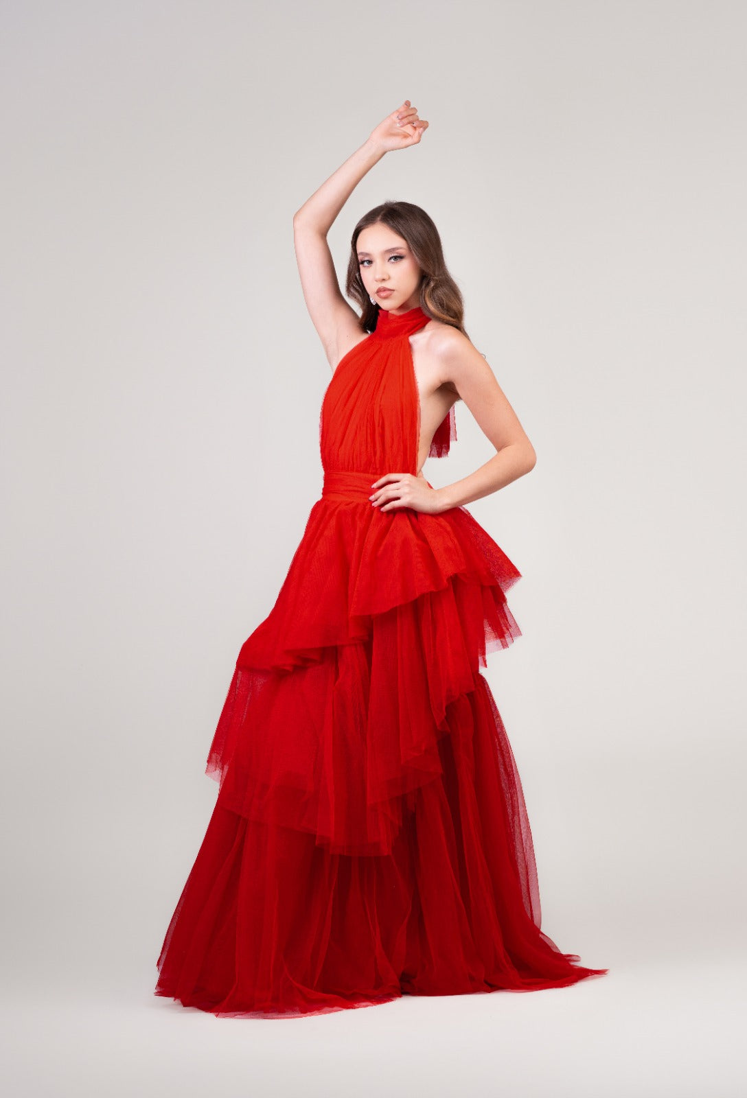 Rojo De Tul Cuello Halter Espalda Descubierta