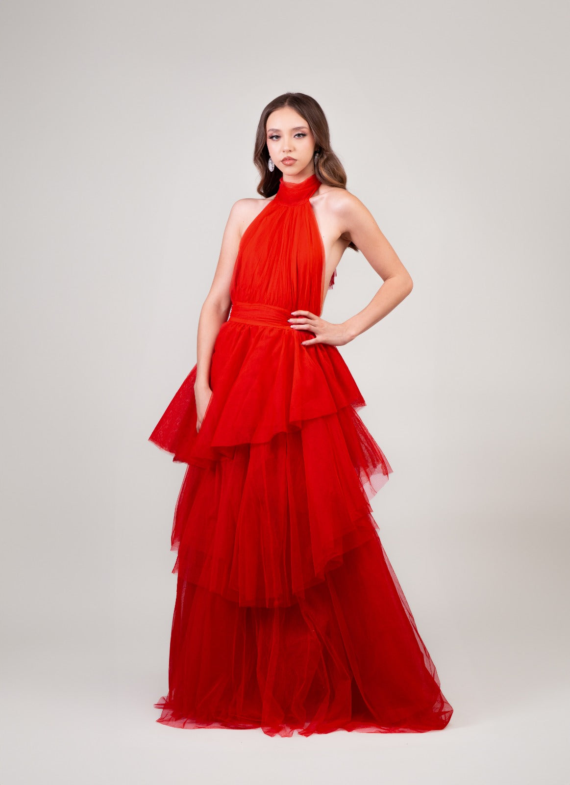 Rojo De Tul Cuello Halter Espalda Descubierta