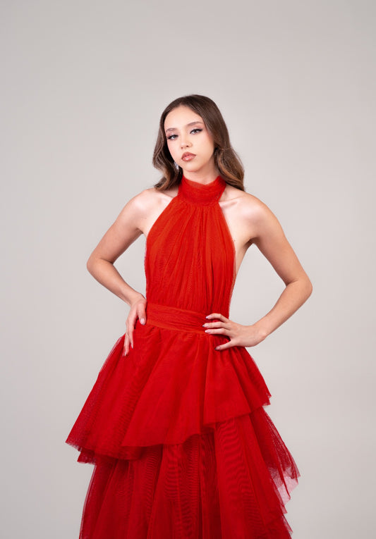 Rojo De Tul Cuello Halter Espalda Descubierta