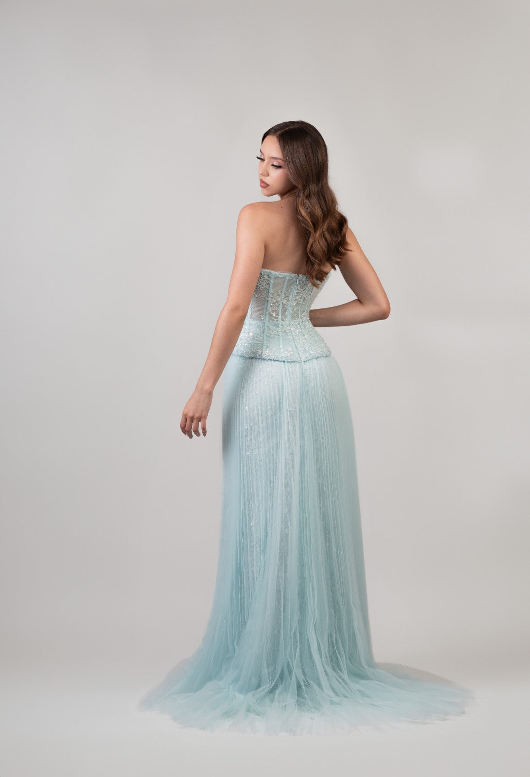 Azul Cielo Corset Detalle De Perlas Blancas