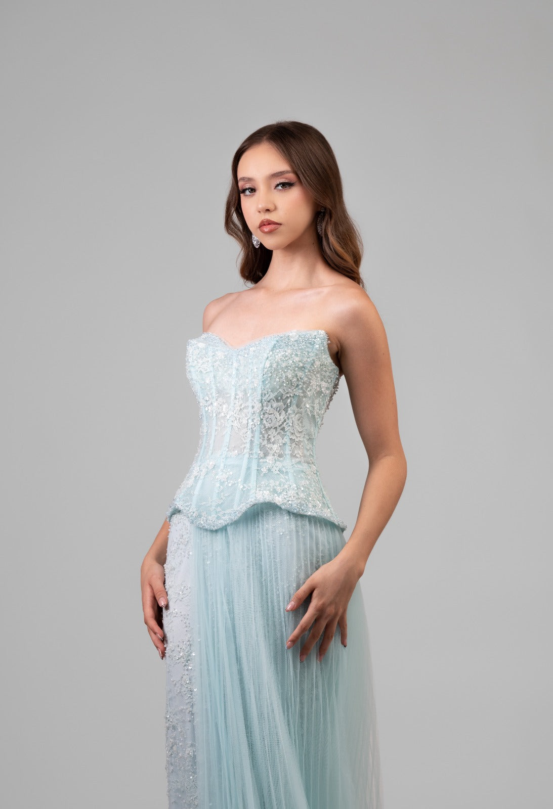 Azul Cielo Corset Detalle De Perlas Blancas