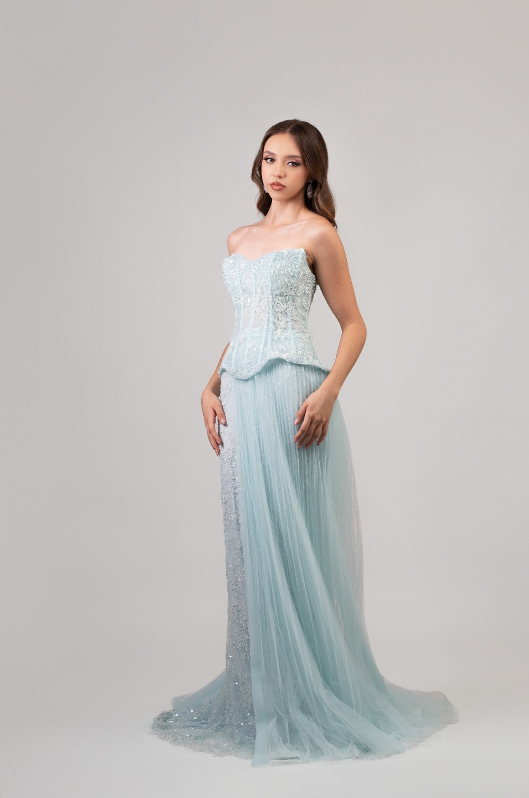 Azul Cielo Corset Detalle De Perlas Blancas