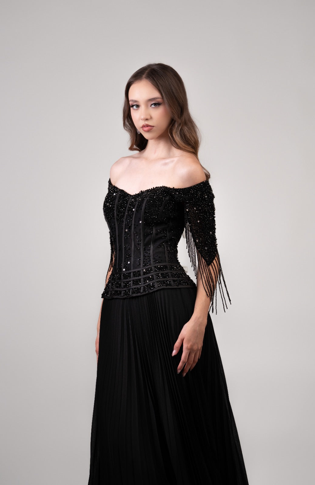 Negro Falda De Tablones Corset Con Barbas En Hombros
