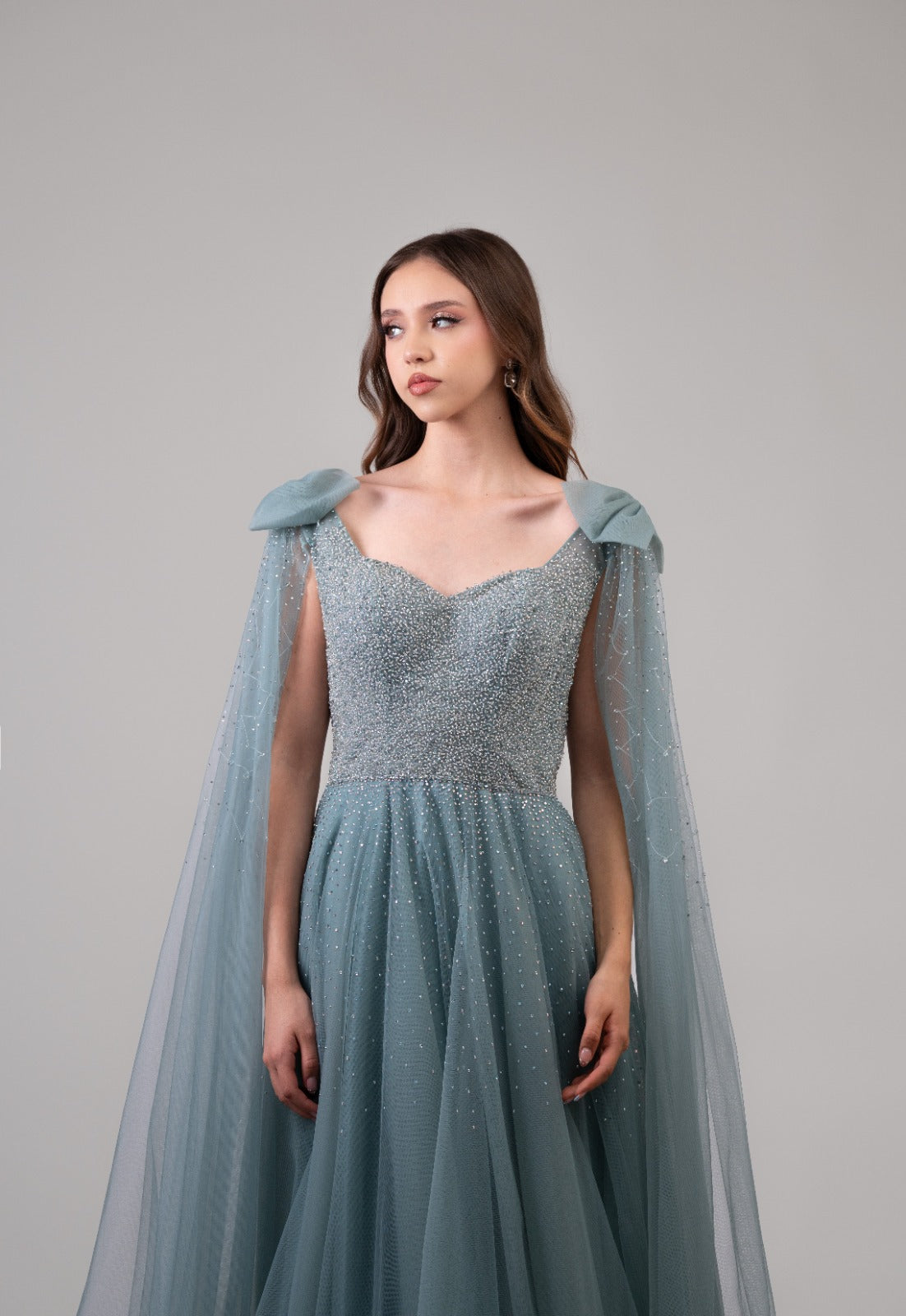 Azul Turquesa Moño En Mangas Y Brillos En Corset