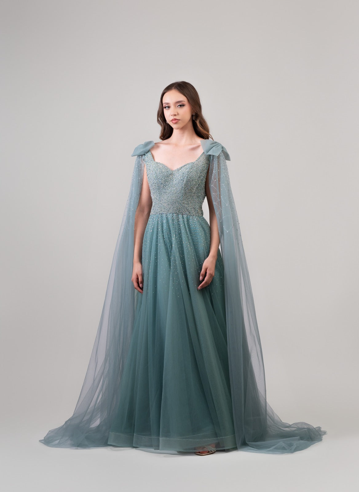 Azul Turquesa Moño En Mangas Y Brillos En Corset