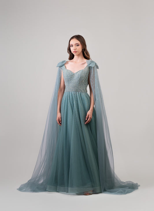 Azul Turquesa Moño En Mangas Y Brillos En Corset