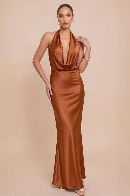 Marron Satin Escote Caido Espalda Descubierta