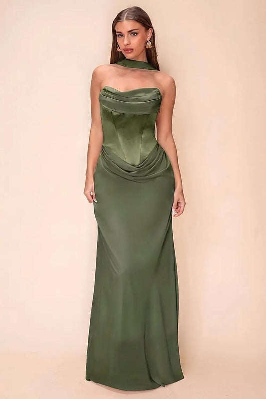 Vestido Verde Olivo Corset Y Estola