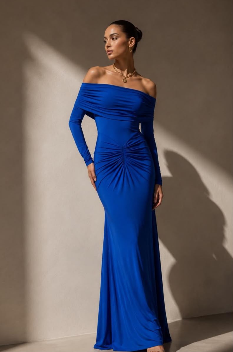 Vestido Azul Rey Manga Larga Corrugado