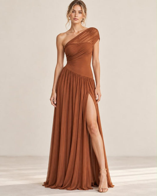 Vestido Terracota Un Hombro Asimetrico
