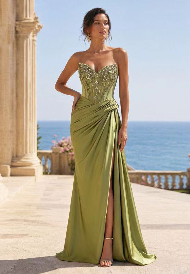 Vestido Verde Olivo Pedreria En Corset