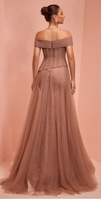 Vestido Rosa Salmon Manga Caida Falda En Tul En A
