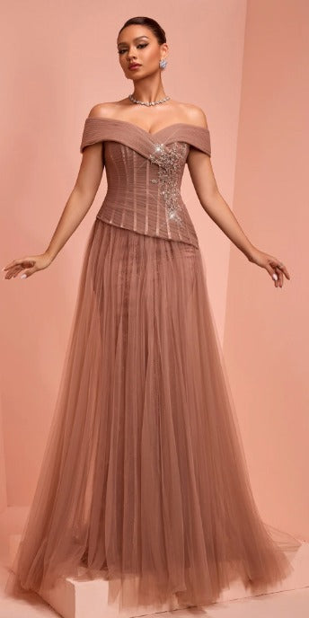 Vestido Rosa Salmon Manga Caida Falda En Tul En A
