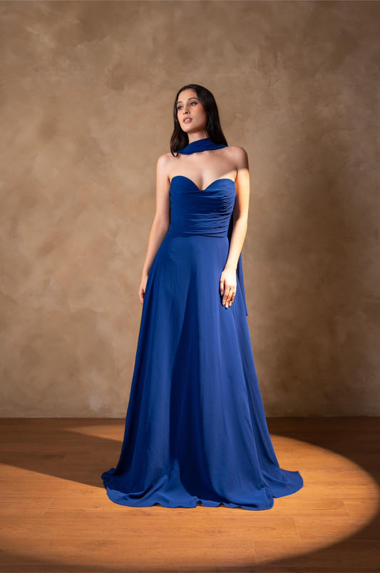 Vestido Azul Rey Corte A Con Estola