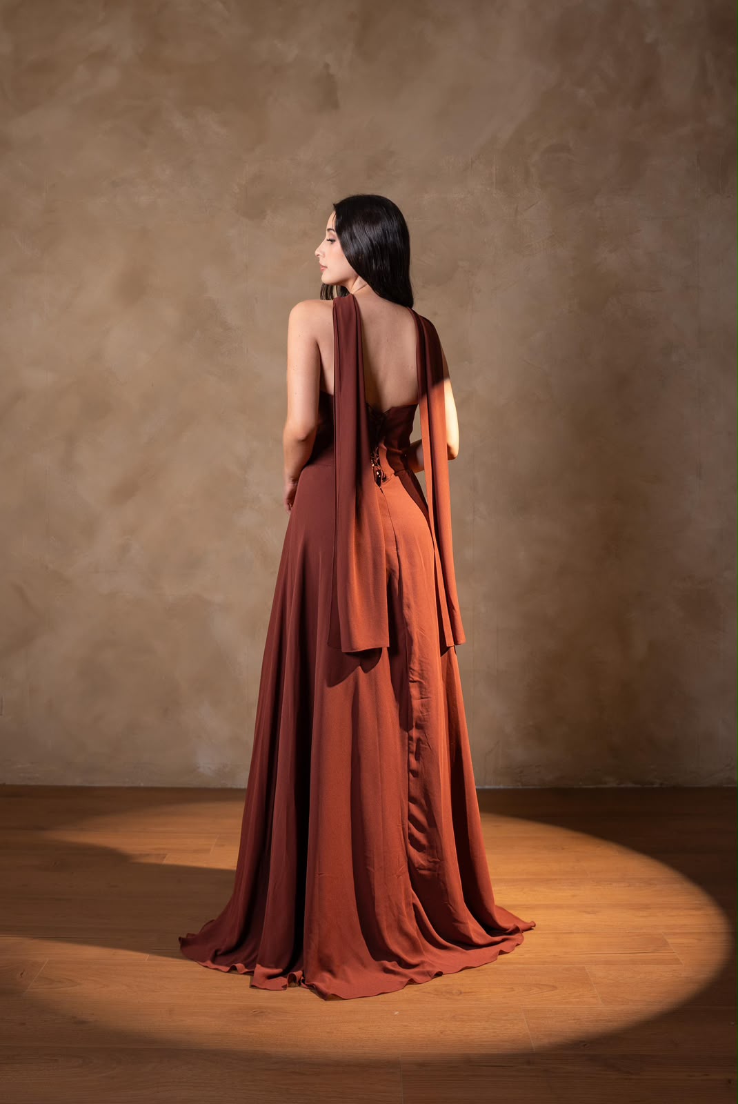 Vestido Terracota Corte A Con Estola