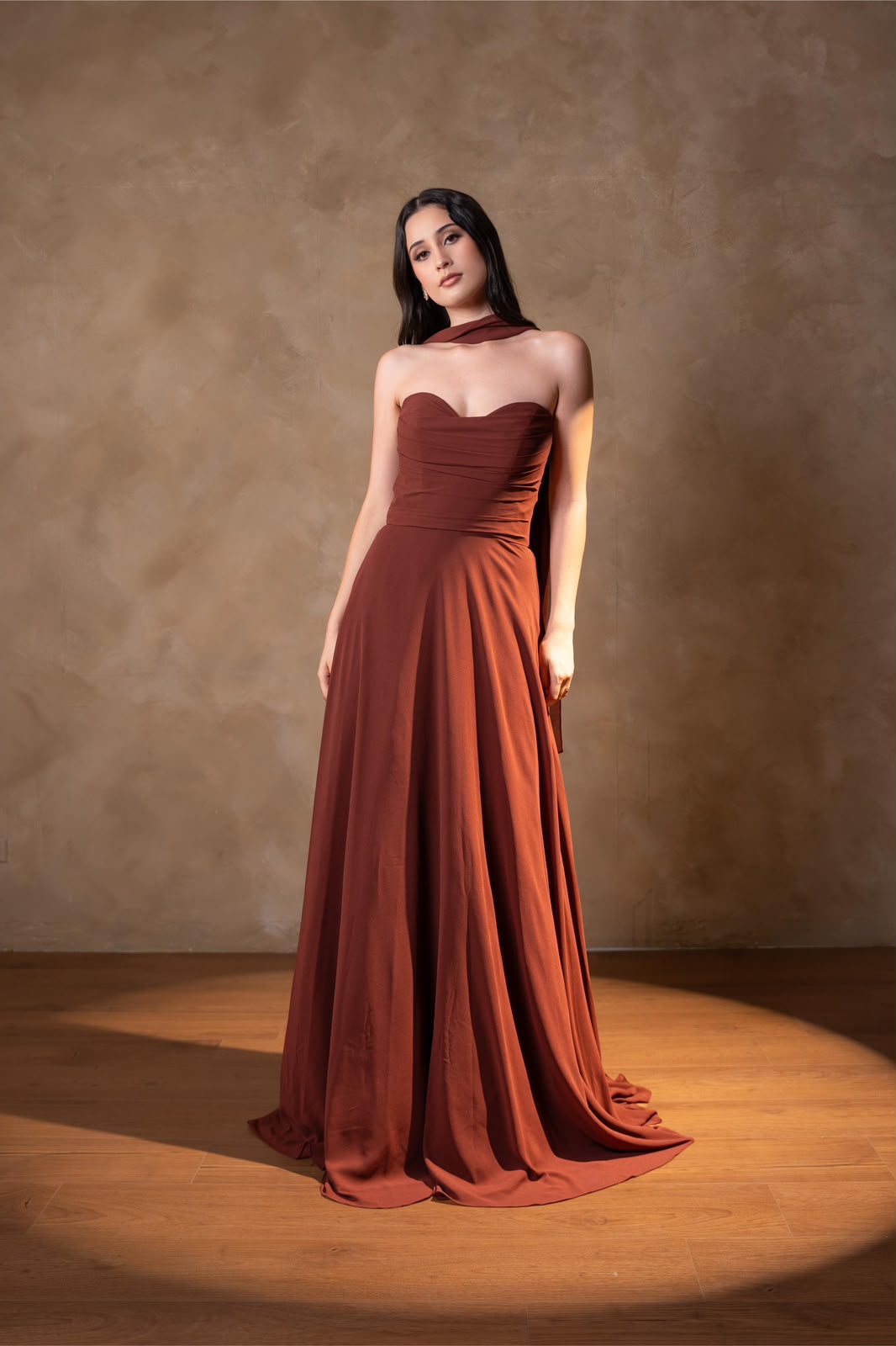 Vestido Terracota Corte A Con Estola
