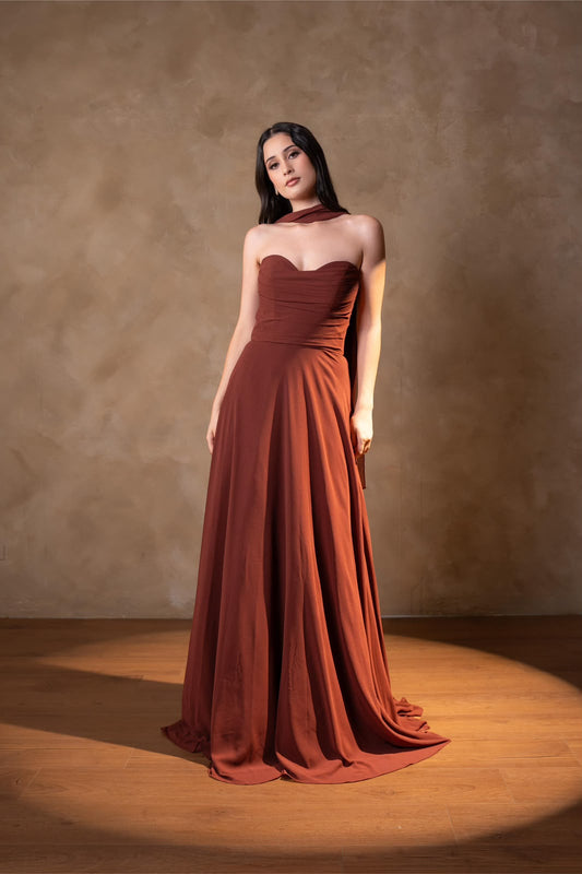 Vestido Terracota Corte A Con Estola