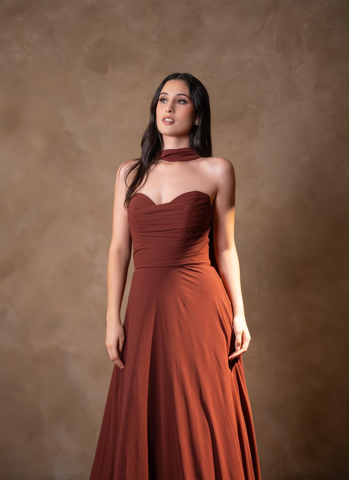 Vestido Terracota Corte A Con Estola