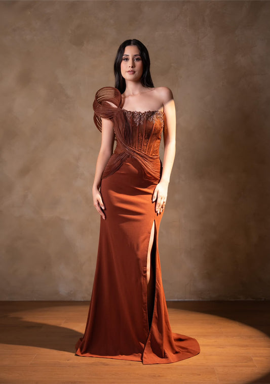 Vestido Cafe Falda Lisa Escote Estructurado