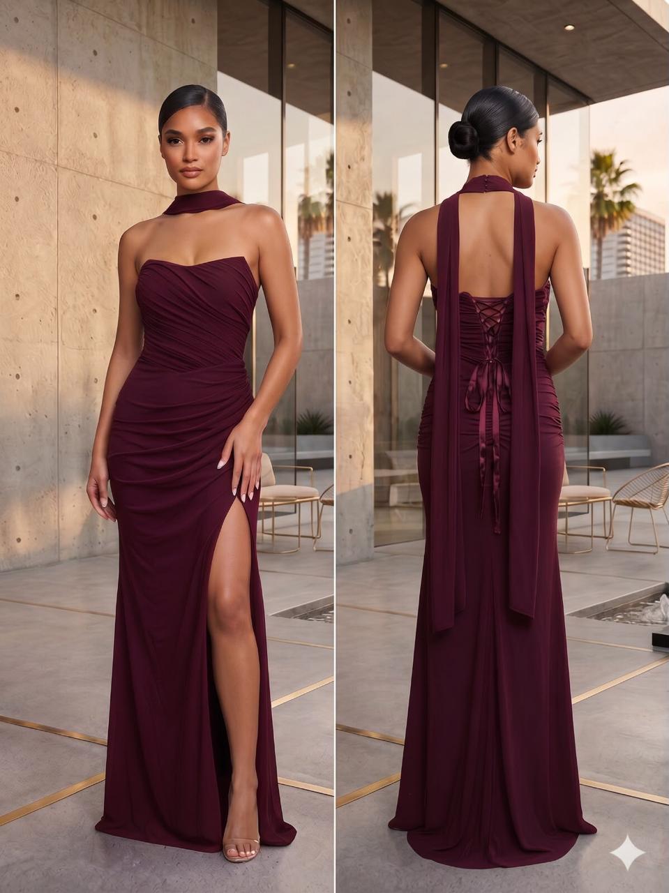 Vestido Vino Corrugado Con Estola