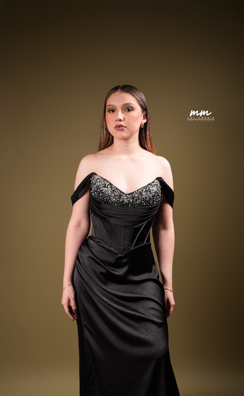 Negro Tipo Corset Con Pedreria Plata En Copas