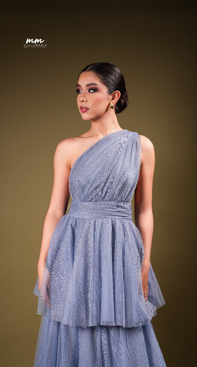 Vestido Smoky Blue Un Hombro Y Olanes De Tul