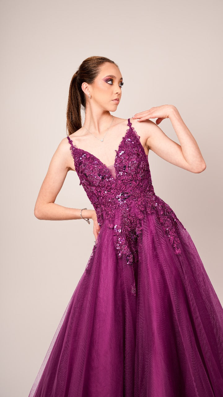 Vestido Morado Corte Princesa de Corset con Estampado