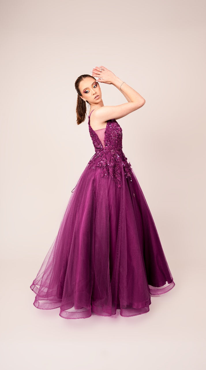 Vestido Morado Corte Princesa de Corset con Estampado