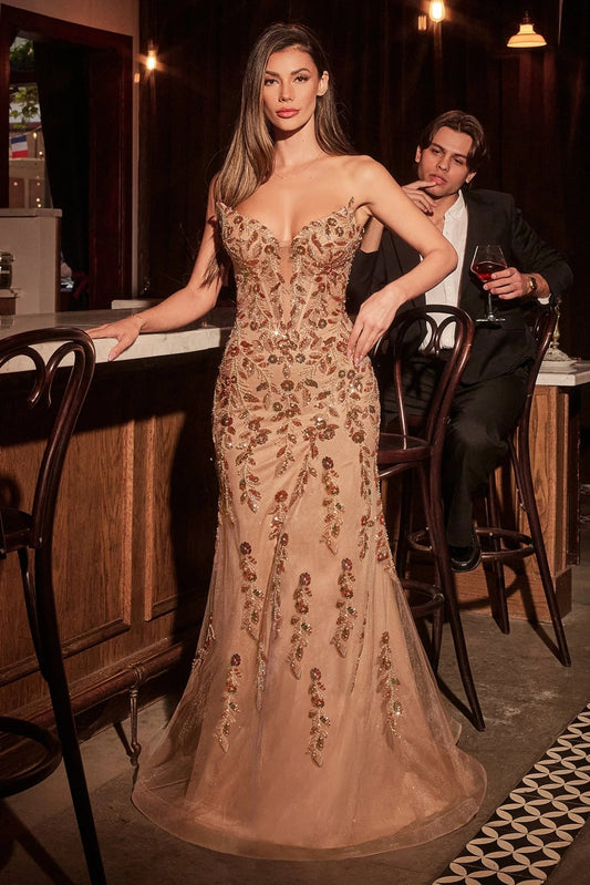 Vestido Dorado Cobre Straple Pedreria