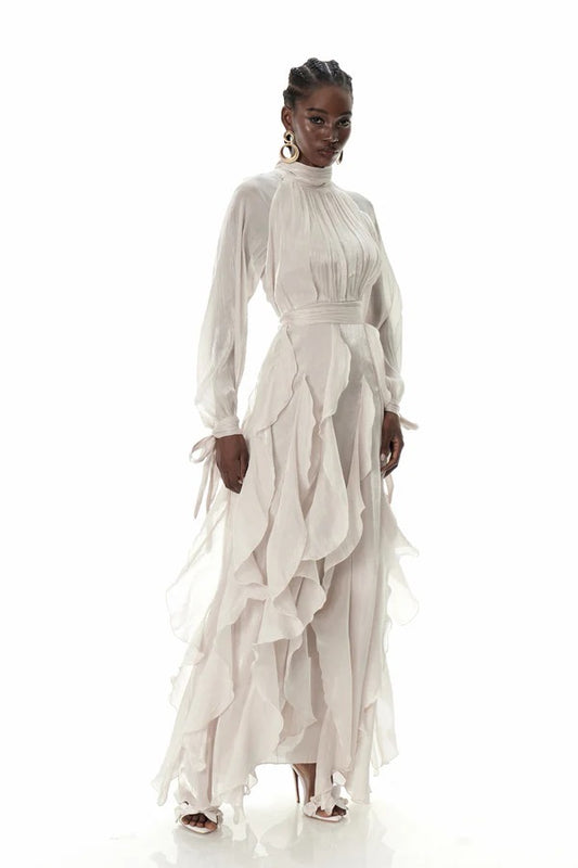 Vestido Blanco Manga Larga Cuello Halter