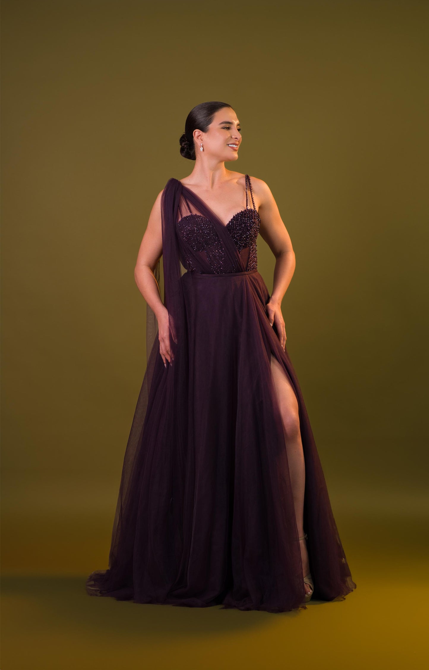 Morado Corte Princesa Brillos En Corset Manga De Tull