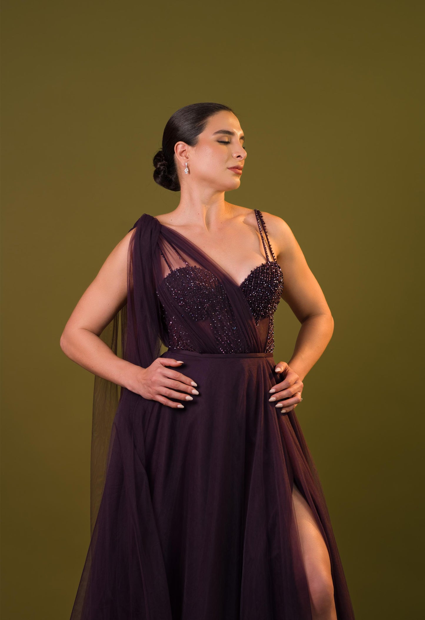 Morado Corte Princesa Brillos En Corset Manga De Tull