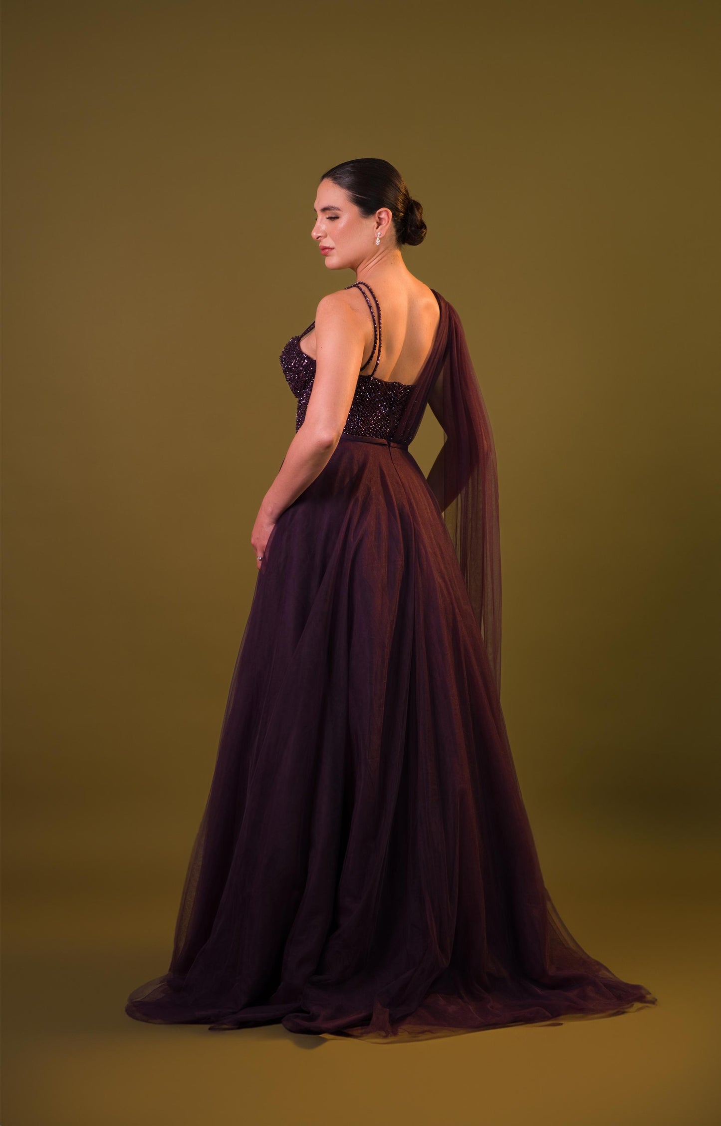 Morado Corte Princesa Brillos En Corset Manga De Tull